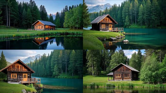湖边木屋与自然风光