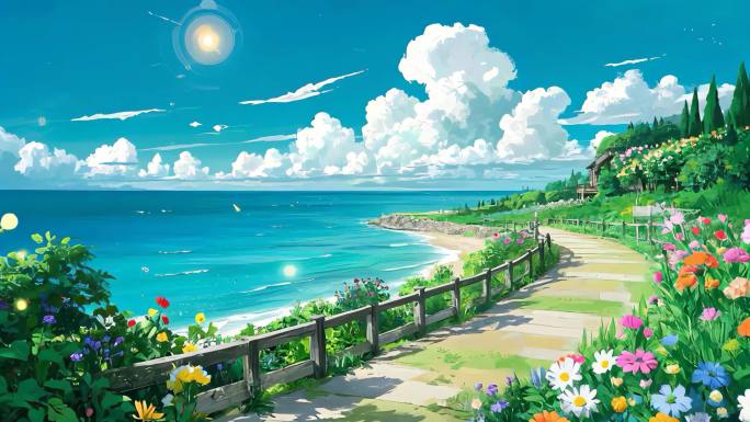 鲜花盛开的海边城堡小路