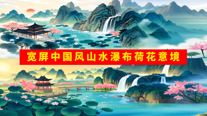 宽屏中国风山水瀑布荷花意境
