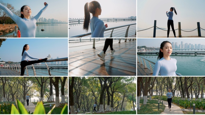 清晨公园健康跑活力女性户外运动