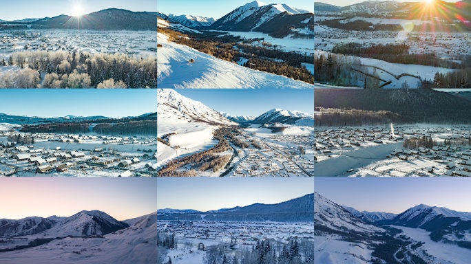 禾木冬季雪山村庄航拍素材