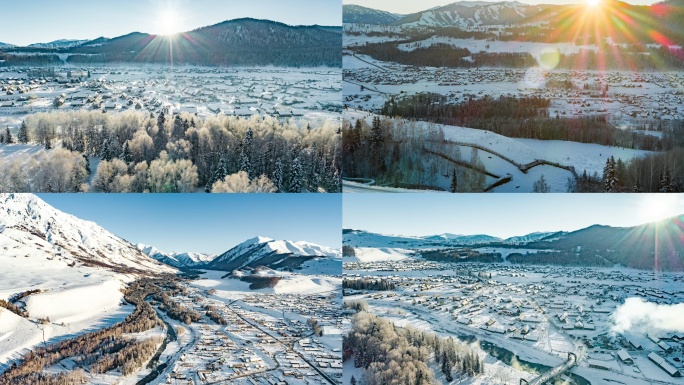 禾木冬季雪山村庄航拍素材