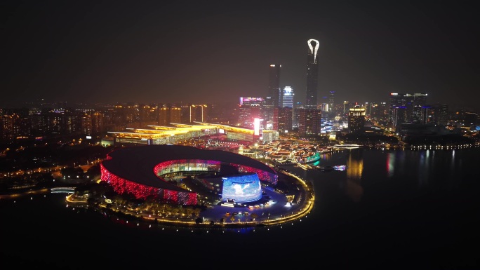 4K 航拍苏州工业园夜景 金鸡湖夜景