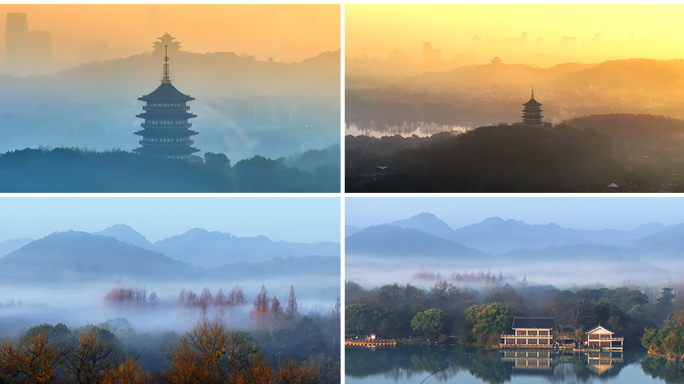 烟雾缭绕的杭州西湖美景