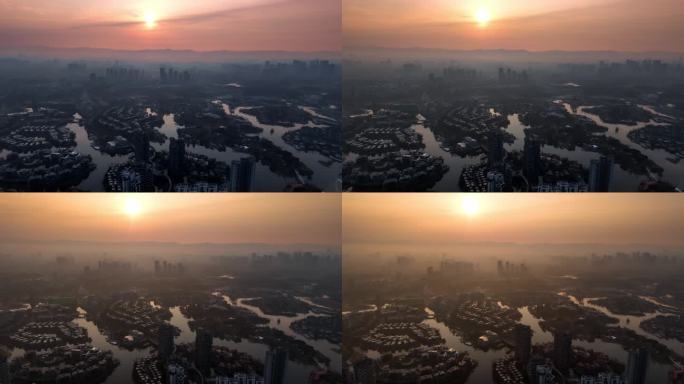 成都麓湖日出延时航拍朝阳下的城市剪影