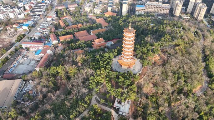 航拍湖南岳阳圣安寺万佛塔南湖
