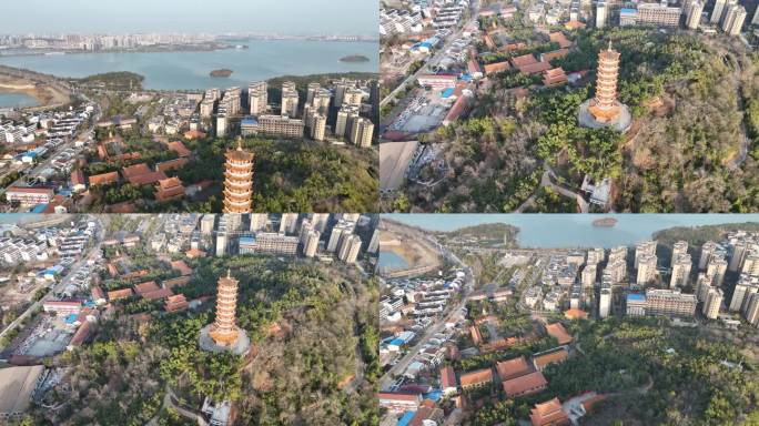 航拍湖南岳阳圣安寺万佛塔南湖