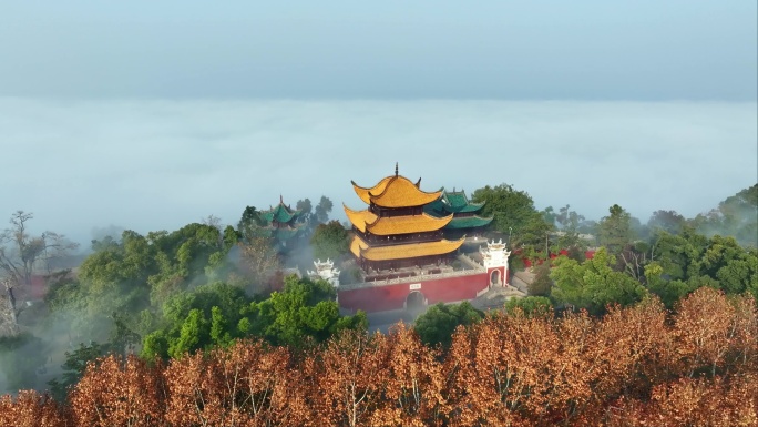 岳阳楼平流雾航拍素材