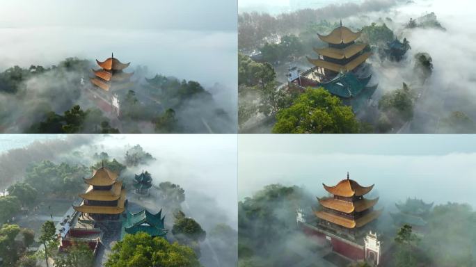 岳阳楼平流雾航拍素材