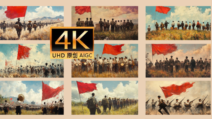 红色下的行伍 军民乐团 军队油画 号角鼓