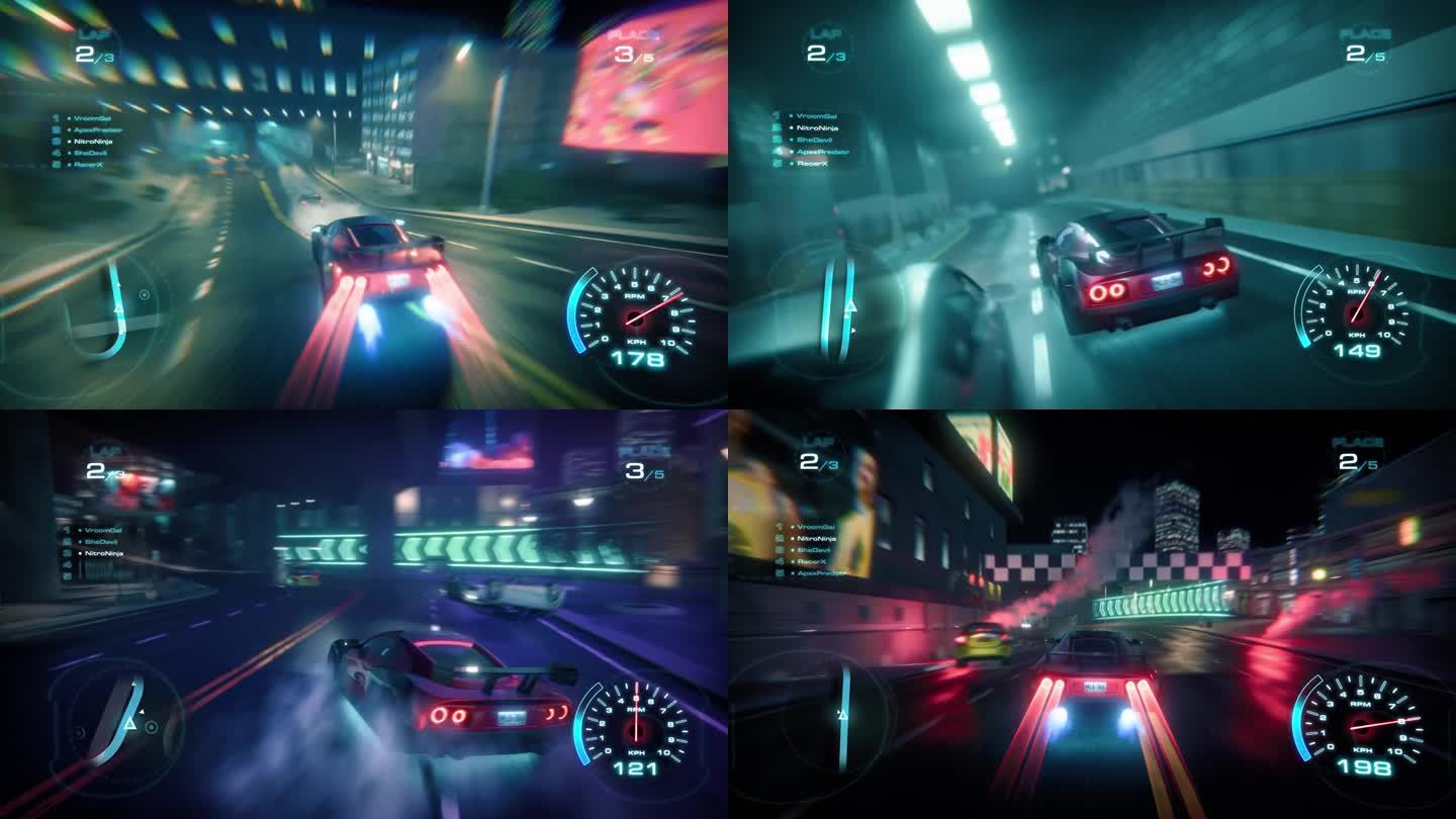 激烈的赛车模拟游戏玩法。3D汽车在现代城市的夜间赛道上快速驾驶和漂移。屏幕替换的视觉特效动画。玩家未
