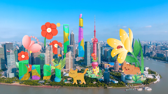 4K上海实拍合成城市涂鸦春天开花