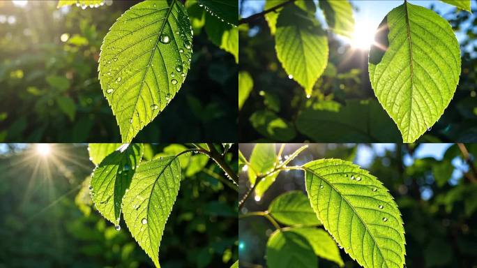 晨曦中的树叶：露珠与光辉的交织