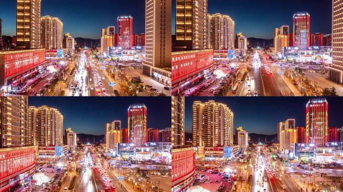 临汾尧都区向阳西路蓝调夜景航拍移动延时