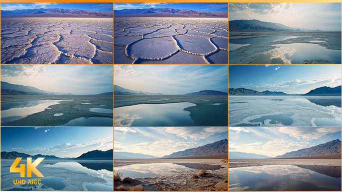 荒原盐湖：山脉镜面水域自然盐碱地荒原盐湖