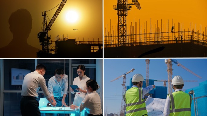 繁忙建筑工地设计师工程师拿着图纸讨论