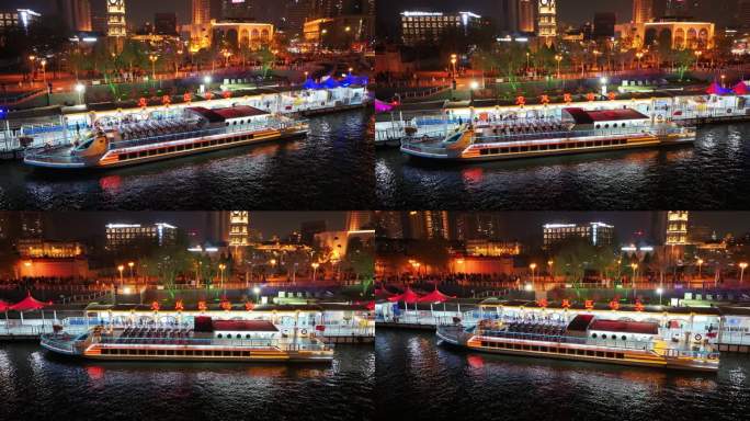 航拍天津海河夜景下的游船