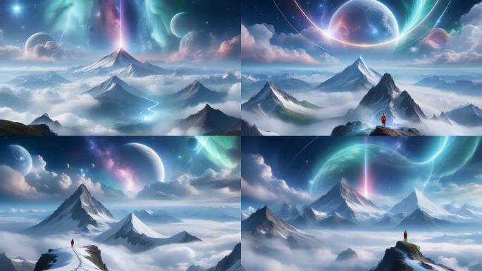 AI演绎一个人站在山顶上冥想宇宙万物