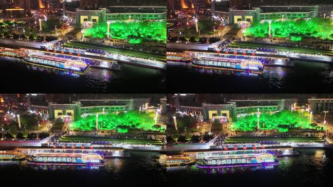 航拍天津海河夜景下的游船