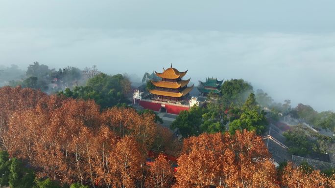 岳阳楼云海航拍素材