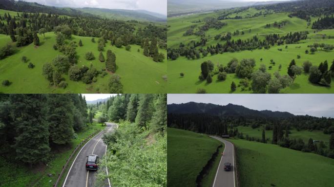 4K新疆绿色山丘公路自驾之旅