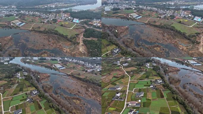 交错的河流、田野和村庄风景