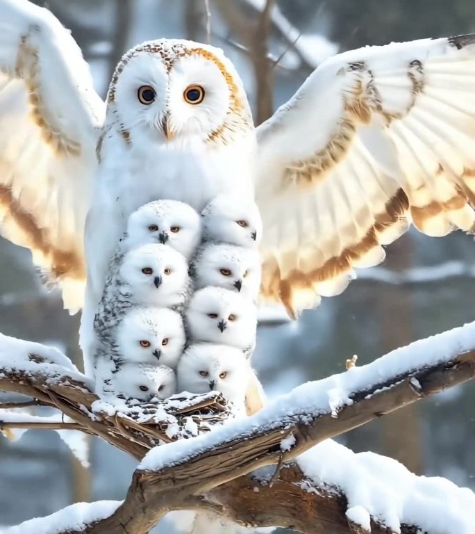 雪地猫头鹰母子温馨