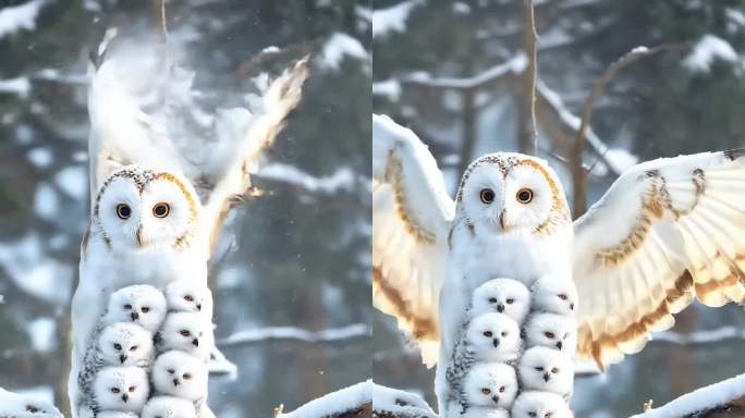 雪地猫头鹰母子温馨