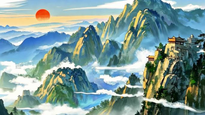 水彩中国风山川河流大美中国