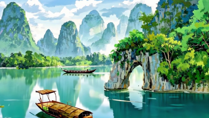 水彩中国风山川河流大美中国