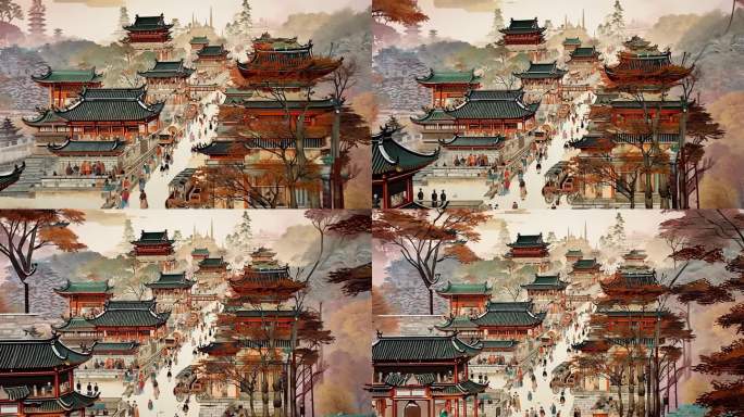 古风建筑群落人物活动