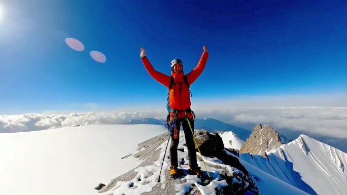 登山攀登雪山登顶庆祝胜利挑战与征服