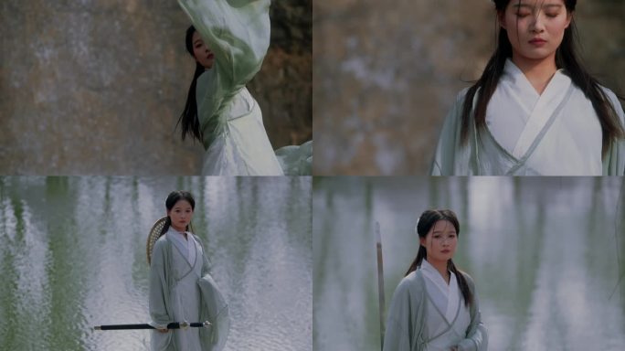 美女瀑布古风武侠风