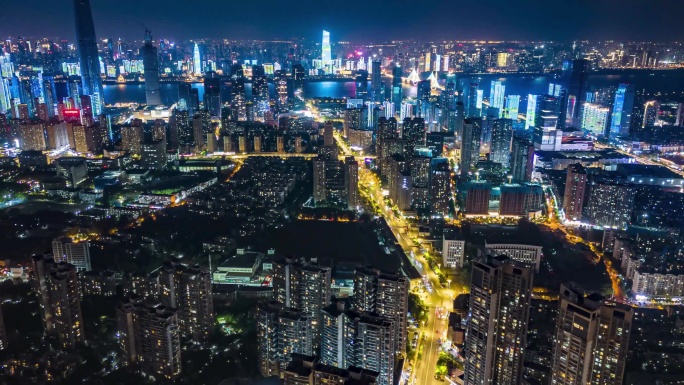 航拍武汉城市夜景璀璨灯光秀延时
