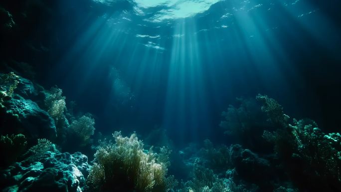 水下世界梦幻太阳光芒水下摄影照射海底4K