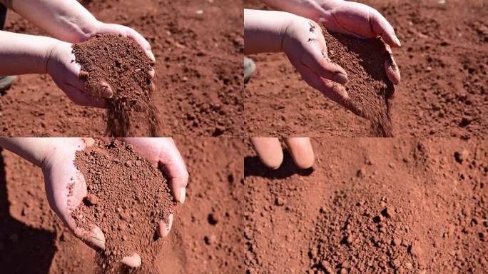 手捧干渴的红土特写镜头下的土壤大地泥土