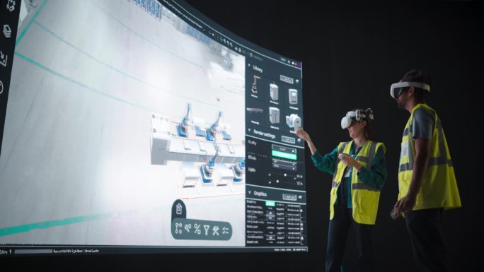 女性和男性工程师佩戴虚拟现实头盔，在机器人工厂的模块化设计中合作，使用机械臂。年轻专家在先进制造机器