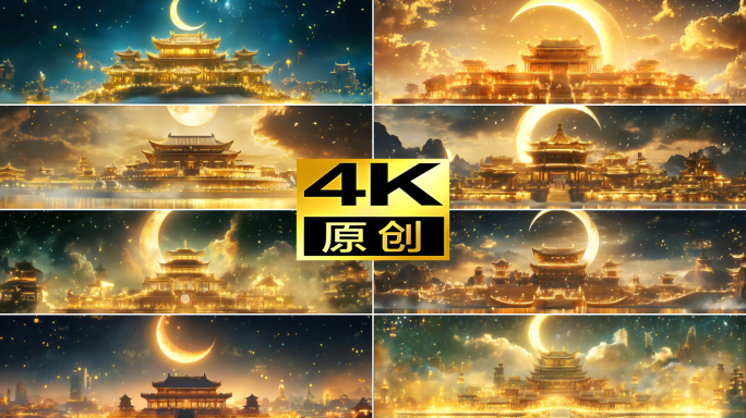 4K宽屏金色古风月亮宫殿建筑廊桥天宫