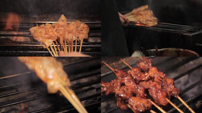 烤肉串滋滋冒油的诱人瞬间
