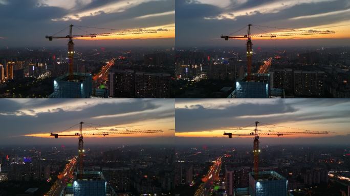 城市夜景下的塔吊建设城市建设