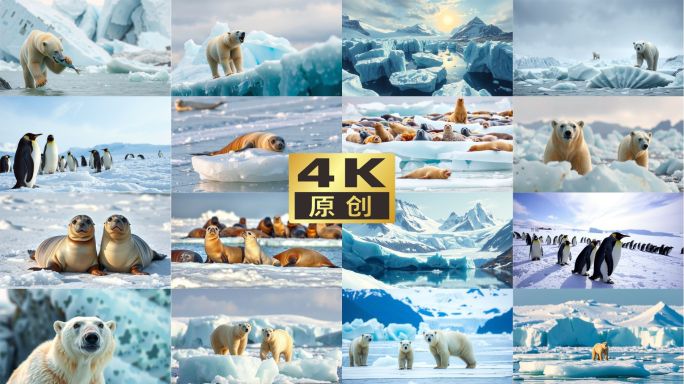 冰川上的海豹与北极熊，南极企鹅冰川融化