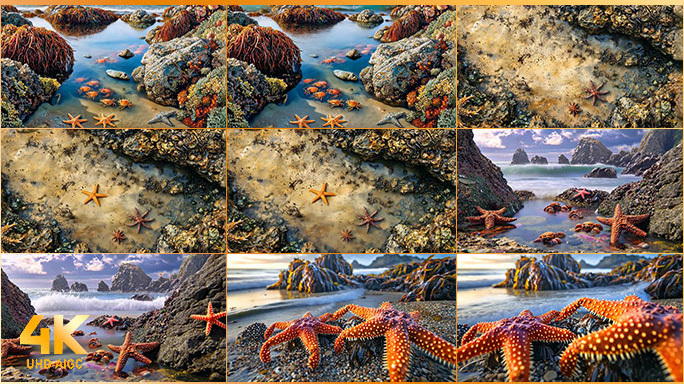 海滩上的海洋生物 潮汐下的海星与螃蟹