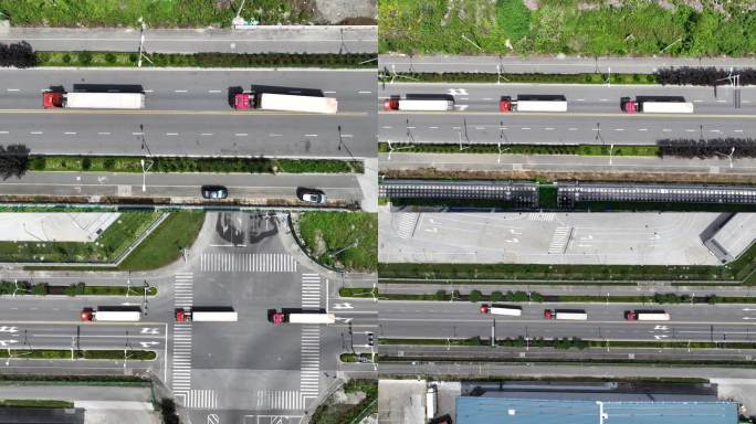 集装箱大货车在港区道路上行驶