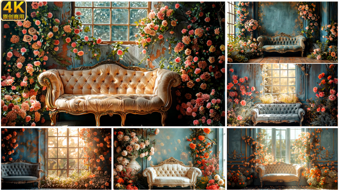 鲜花簇拥的沙发 复古花卉室内装饰