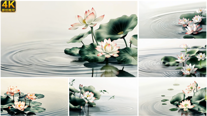 荷花池塘水面涟漪 莲花绽放水墨意境