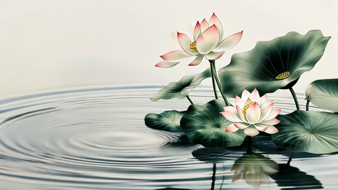 荷花池塘水面涟漪 莲花绽放水墨意境