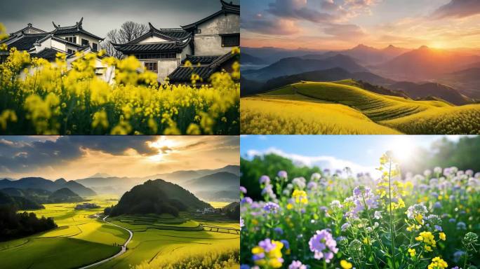 航拍油菜花田与徽派建筑金色田野与山峦日出