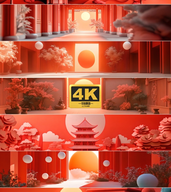 4k宽屏喜庆中式剪纸风格场景