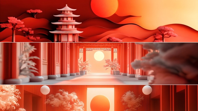 4k宽屏喜庆中式剪纸风格场景