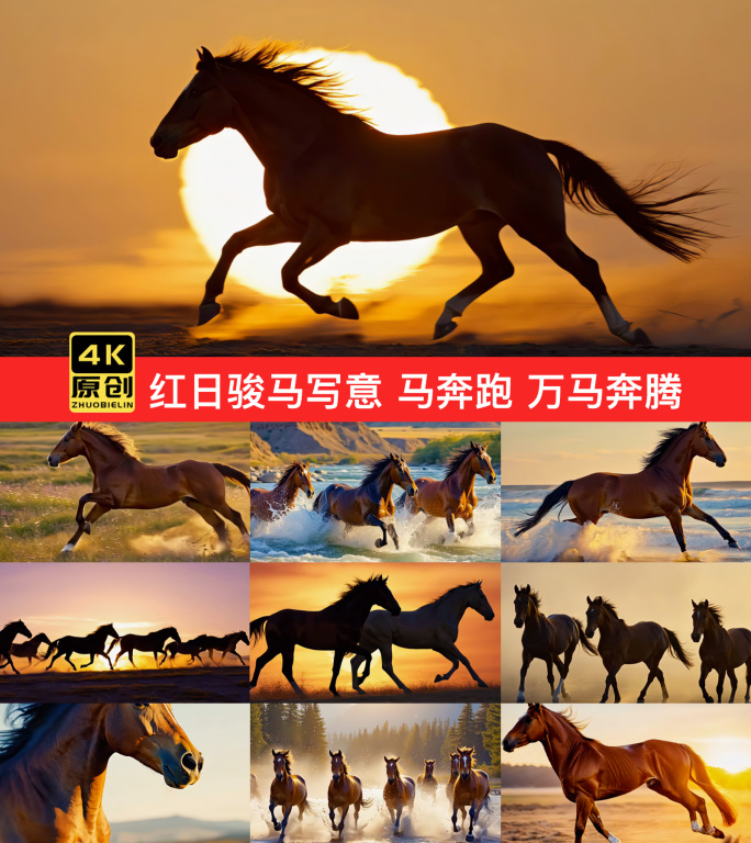 红日骏马写意 骏马奔跑群奔逐日 万马奔腾
